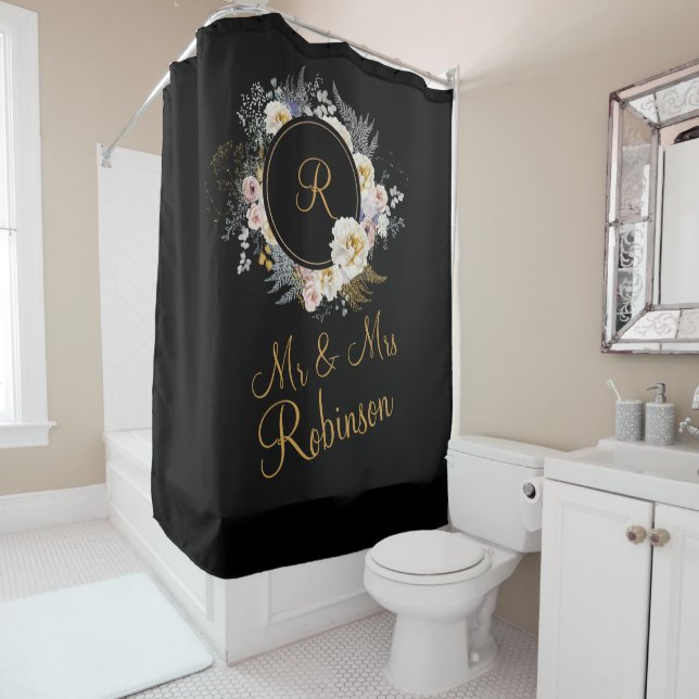 Mr and Mrs Gold Floral On Black Monogram Wedding Shower Curtain (In Situ)