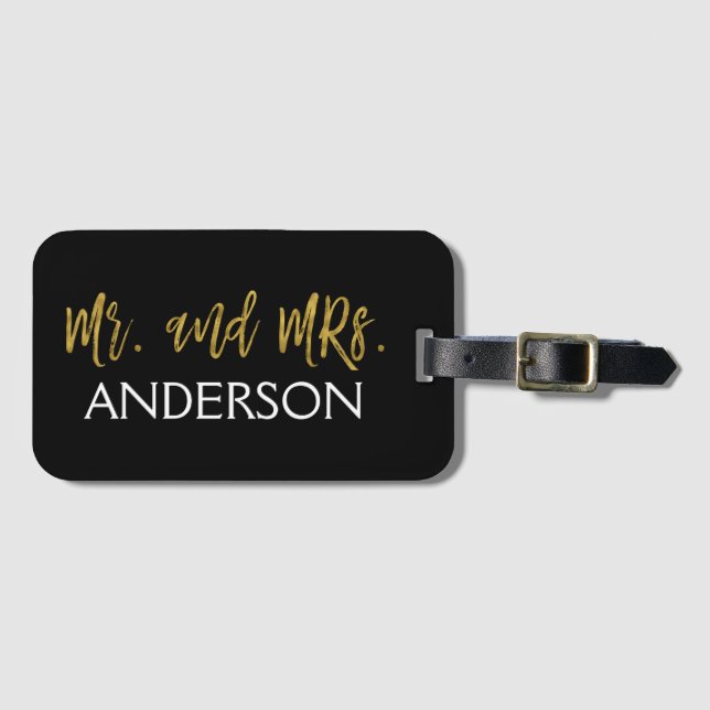 Mr. and Mrs. Gold Foil Luggage Bag Tag (Front Horizontal)