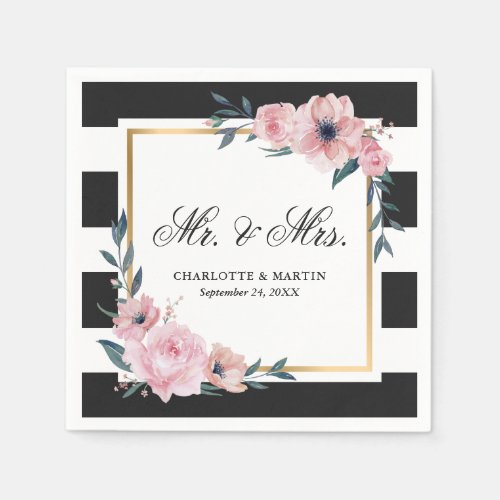 Mr and Mrs Gold Frame Black White Floral Wedding Napkins