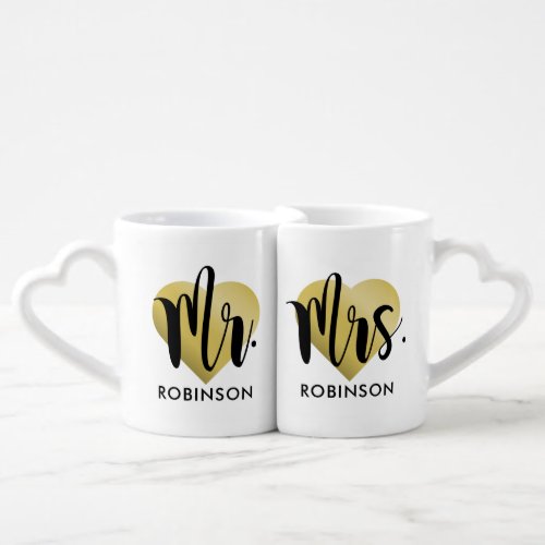 Mr and Mrs Gold Heart Custom Wedding Monogram Coffee Mug Set