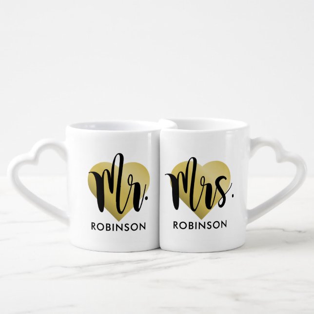 Mr and Mrs Gold Heart Custom Wedding Monogram Coffee Mug Set (Front Nesting)