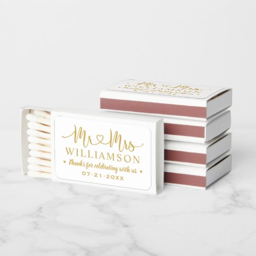 Mr and Mrs Gold Heart Script Personalized Wedding Matchboxes