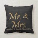 Mr and Mrs Gold script black burlap Wedding Throw Pillow<br><div class="desc">Wonderful wedding gift,  luxury gold letters,  Mr and Mrs script on black burlap pillow.
You can add your own names and date.
If you need help please contact me at pixelshoot3@gmail.com</div>