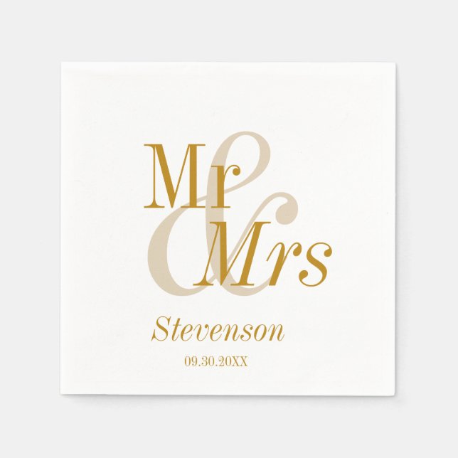 Mr and Mrs Gold Script Modern Minimal Wedding  Napkins (Front)