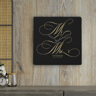 Mr and Mrs gold script name personalized black Square Wall Clock