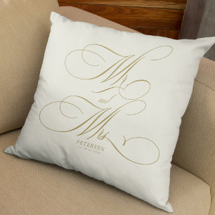 Mr and Mrs gold script personalized wedding cream Throw Pillow