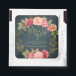 Mr and Mrs gold script roses navy wedding favor Hand Sanitizer Packet<br><div class="desc">Luxury elegant gold calligraphy script Mr and Mrs wedding hand sanitizer custom label favor packages featuring beautiful red, pink, and blush vintage romantic roses on dark midnight navy blue chalkboard background. Ideal for your summer night or autumn fall | elegant rustic garden | outdoor backyard themed weddings, woes renewals or...</div>