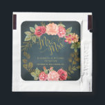 Mr and Mrs gold script roses navy wedding favor Hand Sanitizer Packet<br><div class="desc">Luxury elegant gold calligraphy script Mr and Mrs wedding hand sanitizer custom label favor packages featuring beautiful red, pink, and blush vintage romantic roses on dark midnight navy blue chalkboard background. Ideal for your summer night or autumn fall | elegant rustic garden | outdoor backyard themed weddings, woes renewals or...</div>