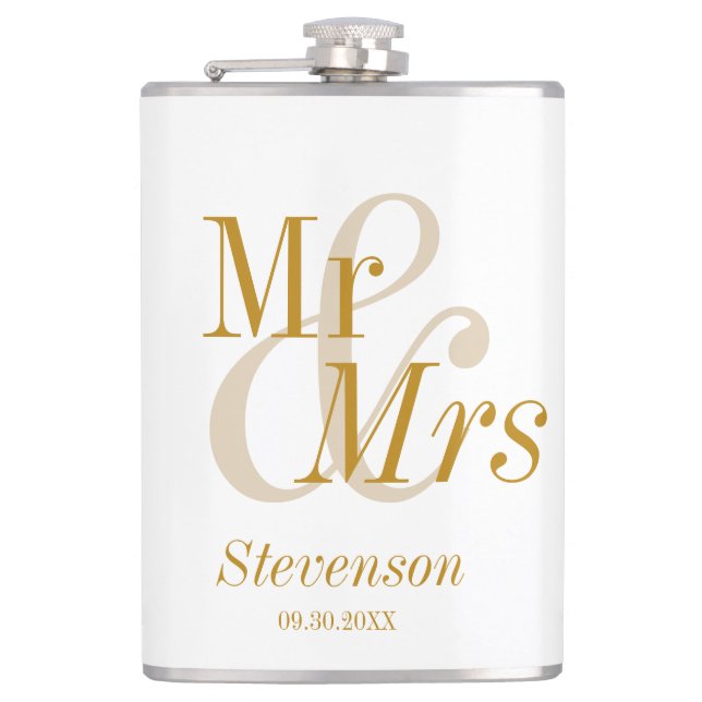 Mr and Mrs Gold Script Wedding Gift Flask (Front)