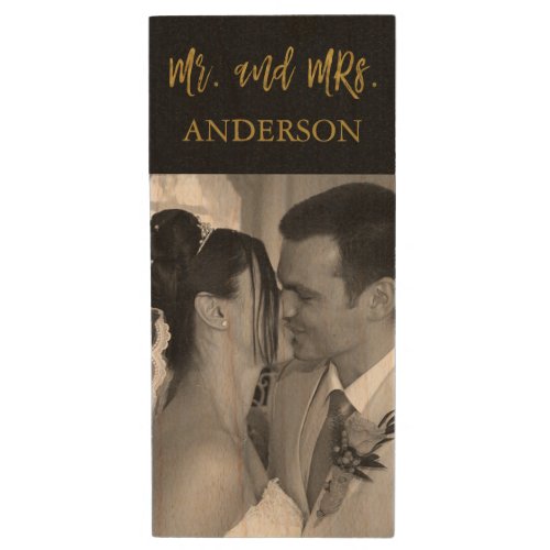 Mr and Mrs Gold Typography Wedding Photos USB Wood Flash Drive