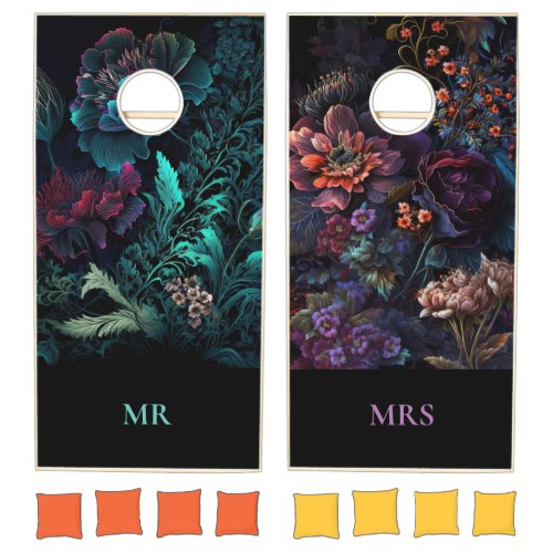 Mr and Mrs Gothic Flowers Personalized  Cornhole Set
