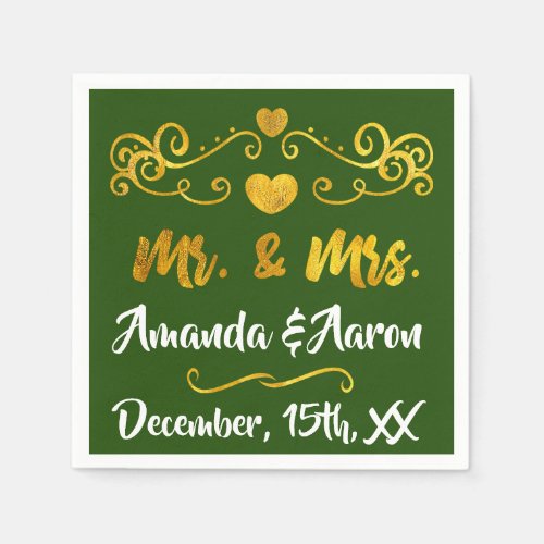 Mr and Mrs Green Cali White Hearts Name Golden Napkins