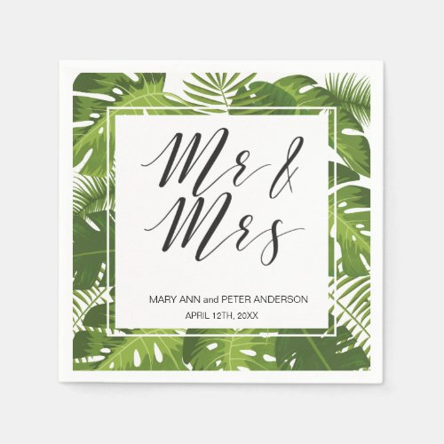 Mr and mrs green leaves wedding paper napkins