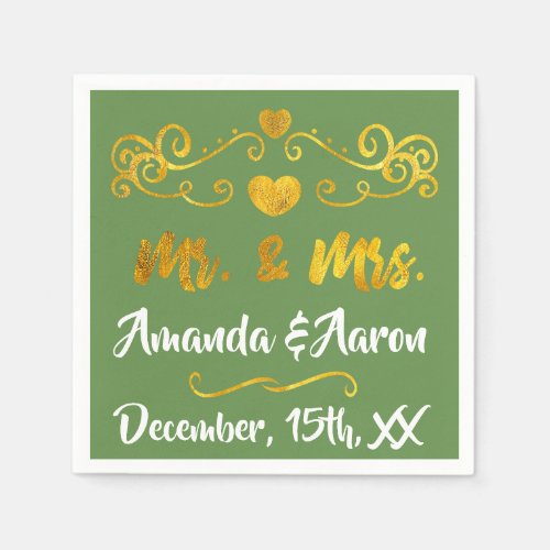 Mr and Mrs Green White Hearts Name Golden Foil Napkins