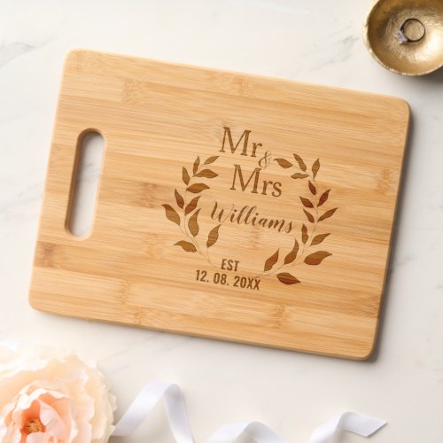 Mr And Mrs Greenery Anniversary Family Name Est Cutting Board