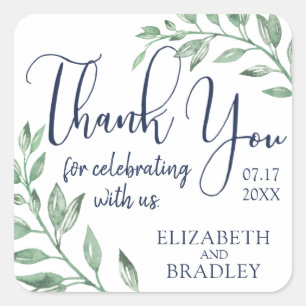 MR AND MRS Greenery Navy Blue Wedding Thank You Square Sticker