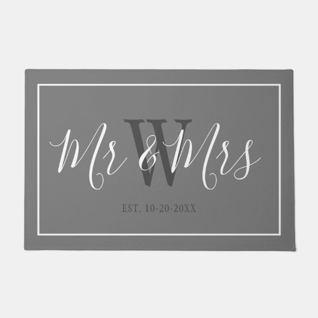 Mr And Mrs Grey Script Wedding Monogram Doormat (Front)