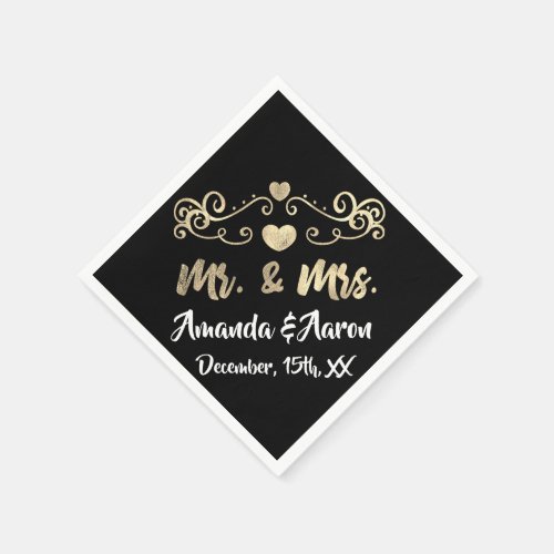 Mr and Mrs Heart Black And White Champaigne Gold Napkins