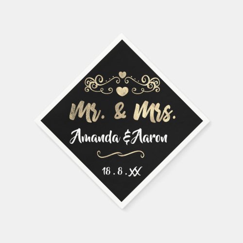 Mr and Mrs Heart Black White Champaigne Gold Napkins