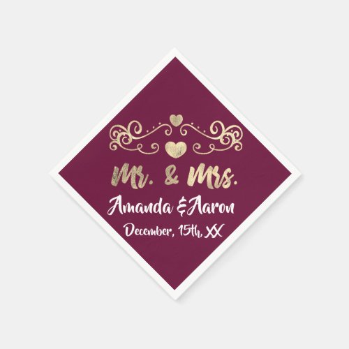 Mr and Mrs Heart Burgund Marsala Champaigne Gold Napkins