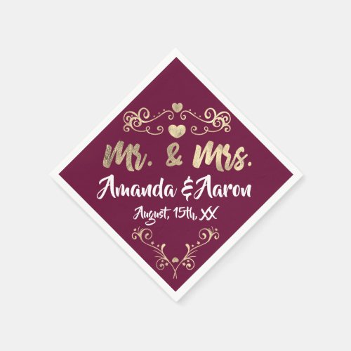 Mr and Mrs Heart Marsala  White Champaigne Gold Napkins