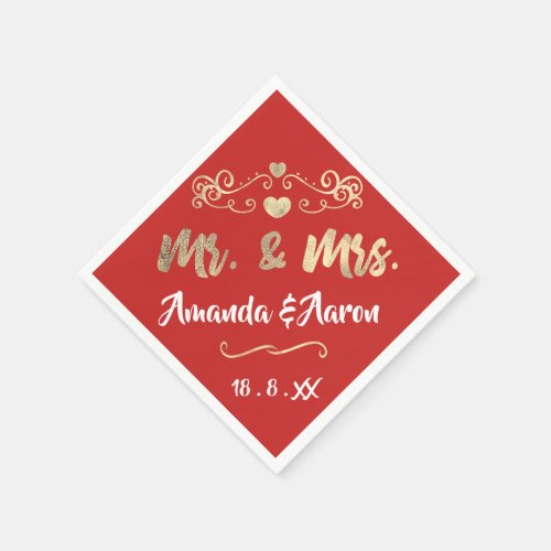 Mr and Mrs Heart Red Ruby Champaigne Gold Napkins