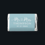 Mr and Mrs Heart Script Aqua Blue Custom Wedding Hershey's Miniatures<br><div class="desc">Elegant custom wedding Hershey's Chocolate Miniatures candy favors include a modern and minimal "Mr and Mrs" design in heart calligraphy script featuring a monogram of the married couple's last name and wedding date in stylish text that can be personalized. The back includes a simple and sweet thank you message to...</div>