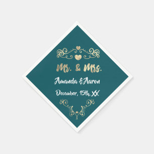Mr. and Mrs. Heart teal Aqua White Champaigne Gold Napkins