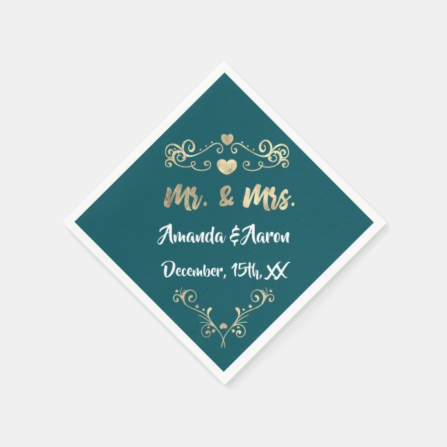 Mr. and Mrs. Heart teal Aqua White Champaigne Gold Napkins (Corner)