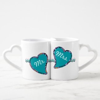 Mr. and Mrs. Hearts and Zigzags Custom Coffee Mug Set