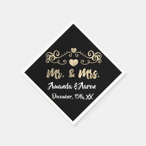 Mr and Mrs Hearts Black White Champaigne Gold Napkins