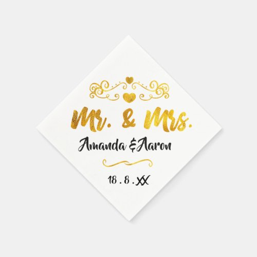 Mr and Mrs Hearts Black White Champaigne Gold Napkins