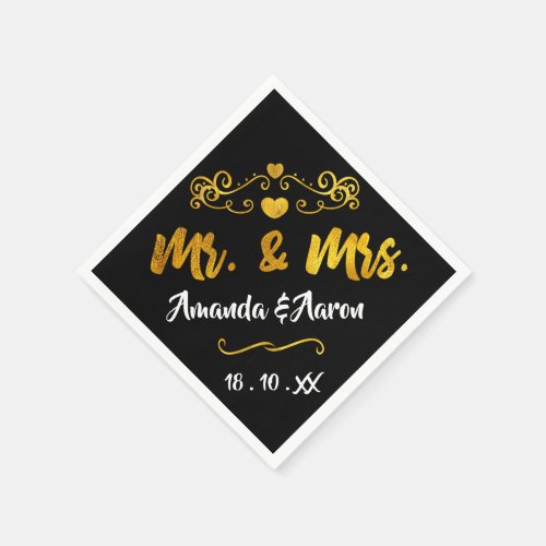 Mr and Mrs Hearts Black White Champaigne Gold Napkins