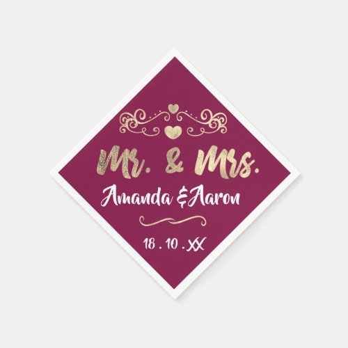 Mr and Mrs Hearts White Marsala Pink Gold Napkins