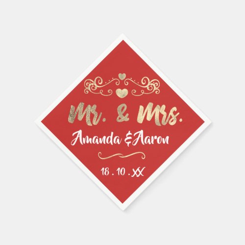 Mr and Mrs Hearts White Vivid Red Gold Napkins