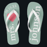 Mr. and Mrs. Honeymoon Heart - Teal pink Flip Flops<br><div class="desc">A perfect design for a beach wedding or for the honeymoon. Change the Mrs. to Mr. to make a coordinating pair. Custom text with solid pink background.</div>