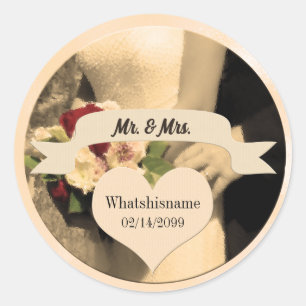 Mr and Mrs in Sepia with Wedding Date Classic Round Sticker