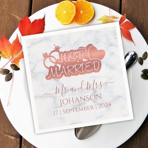 Mr and Mrs Just Married Rose Gold Newlyweds Napkins