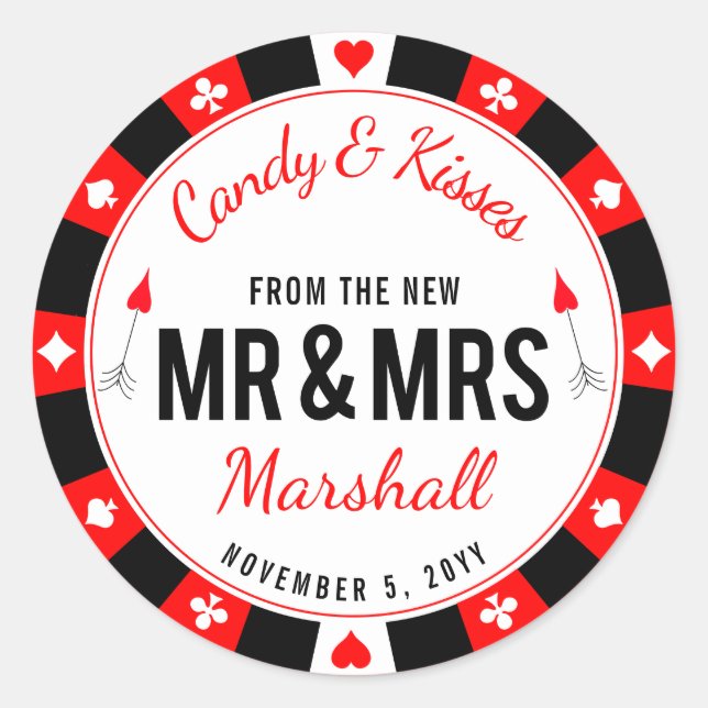 Mr and Mrs Las Vegas Poker Chip Wedding Favor Classic Round Sticker (Front)