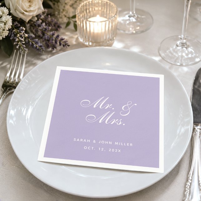 Mr. and Mrs. Lavender Wedding Purple White Script Napkins (Creator Uploaded)