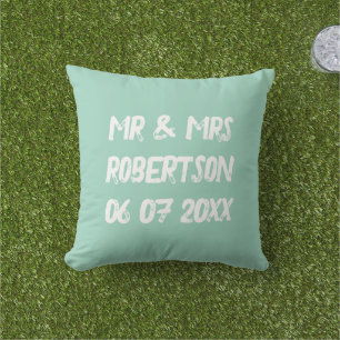 Mr and Mrs light teal vintage typography Outdoor Pillow
