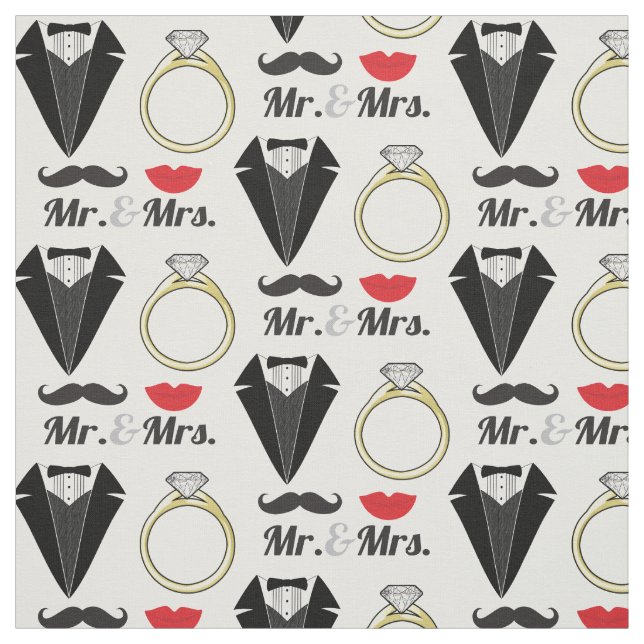 Mr. and Mrs. Lips Mustache Ring Tuxedo Wedding Fabric (Swatch)