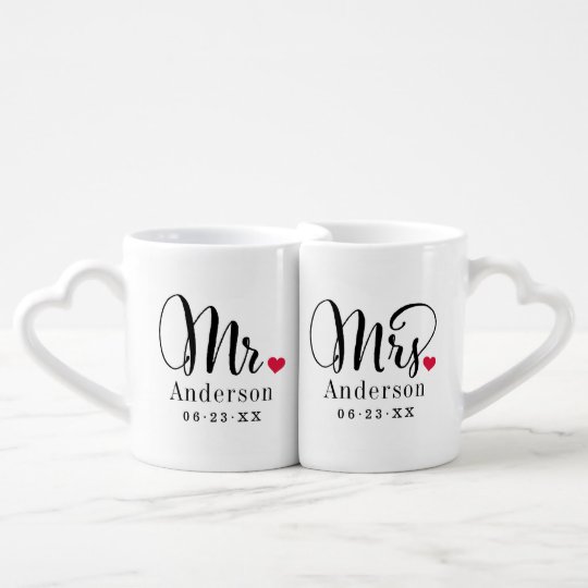 Mr. and Mrs. Married Name Red Heart Monogram Coffee Mug Set