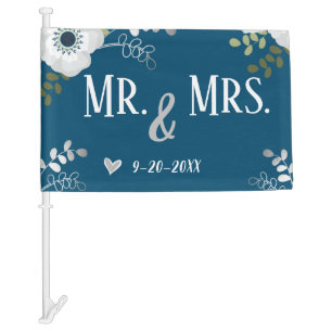 Mr. and Mrs. Married with Custom Date Blue Car Flag