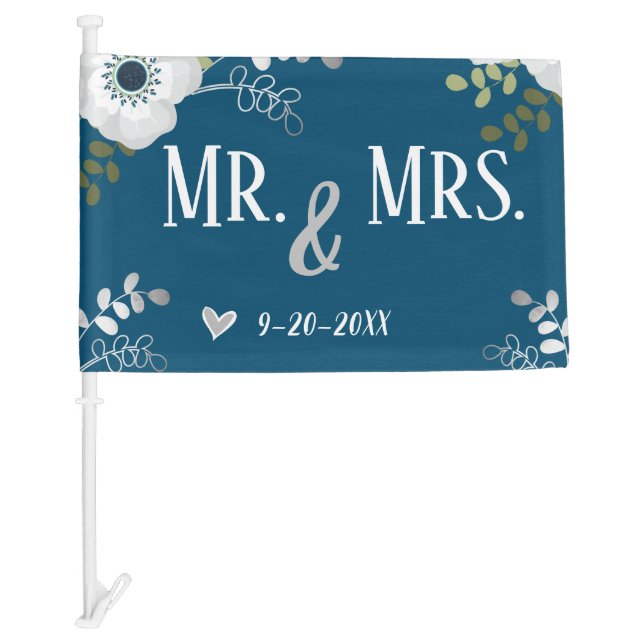 Mr. and Mrs. Married with Custom Date Blue Car Flag (Front)