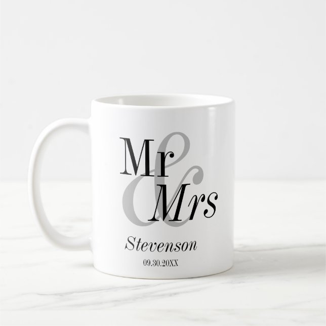 Mr and Mrs Minimal Modern Wedding Gift Coffee Mug (Left)