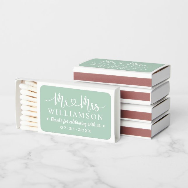Mr and Mrs Mint Green Personalized Wedding Matchboxes (Stacked)