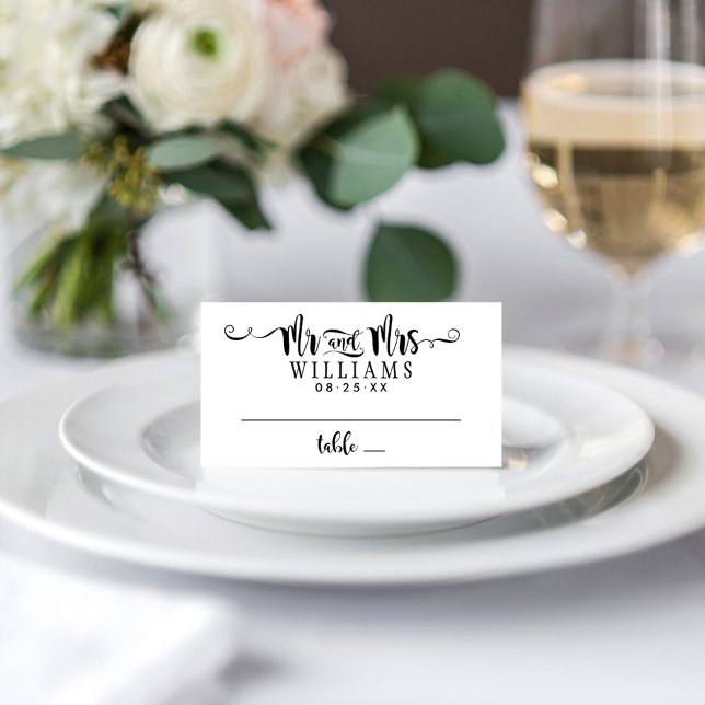 Mr and Mrs Modern Black Handwritten Script Wedding Place Card (Creator Uploaded)