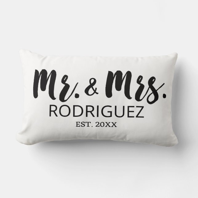Mr and Mrs Modern Brush Font Wedding Anniversary Lumbar Pillow (Front)