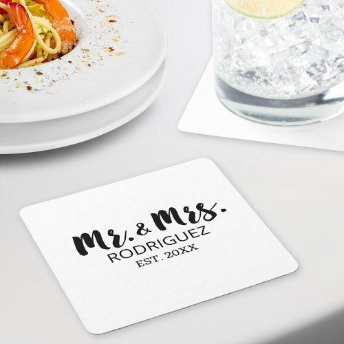 Mr and Mrs Modern Brush Font Wedding Anniversary Square Paper Coaster